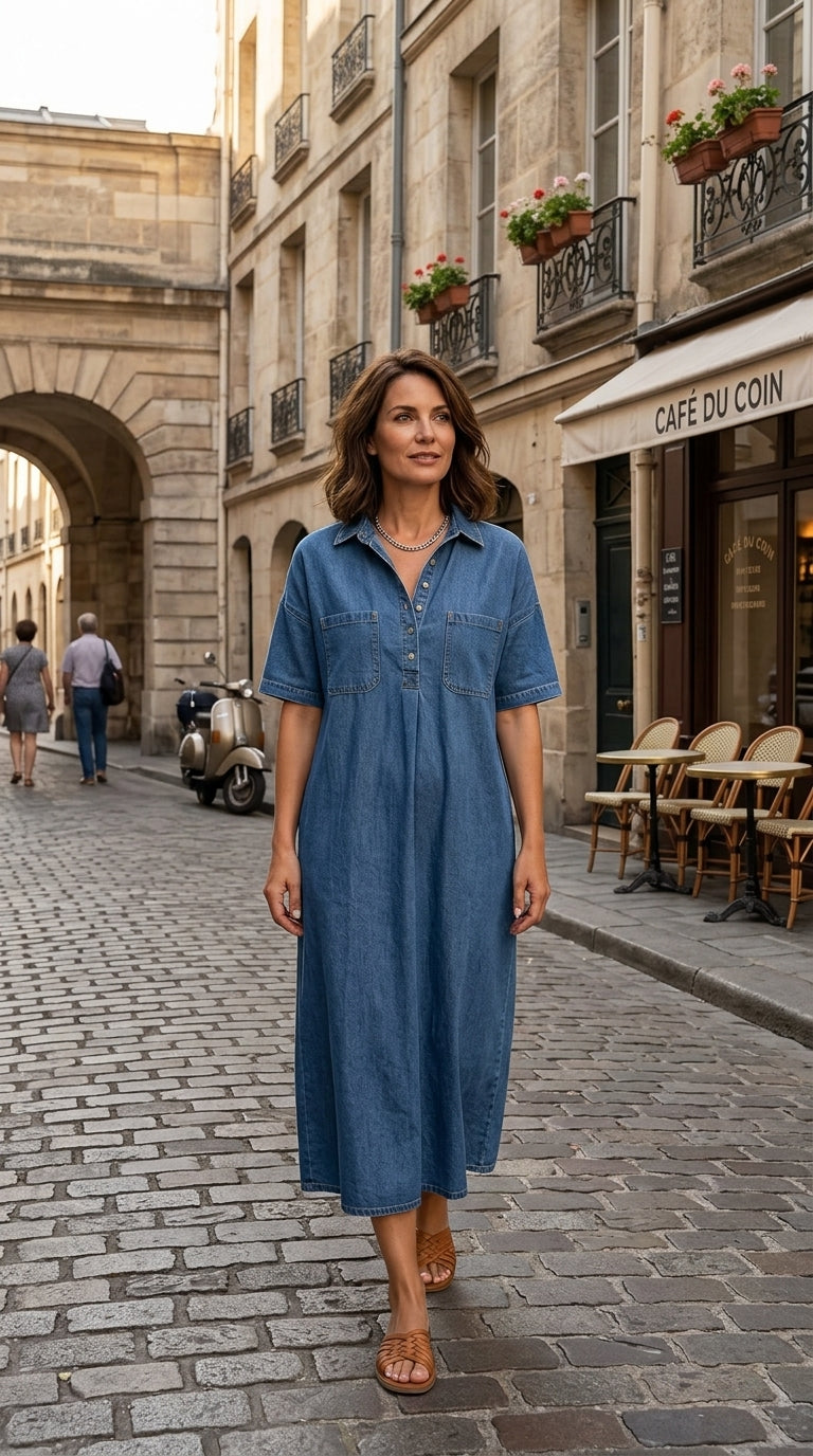 Casual Pocket Denim Midi Shirt Dress