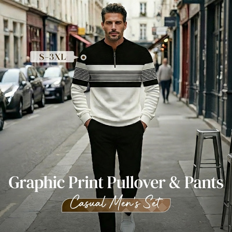 🎁New arrival 50% OFF💥Men's Graphic Print Pullover & Pants Set – Street Style, Comfort Fit & Casual Look 👖