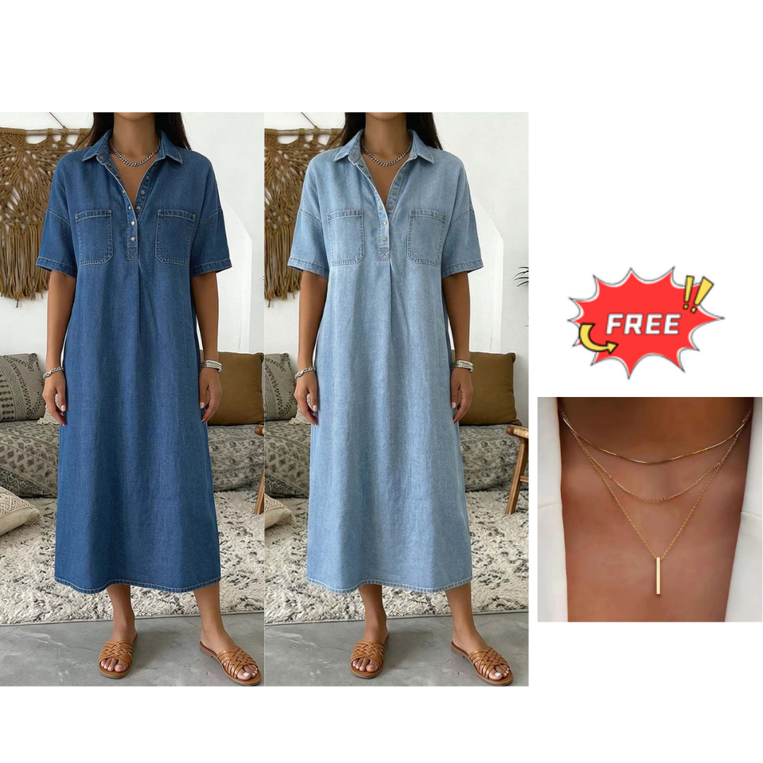 ✨ 50% Off – Casual Pocket Denim Midi Shirt Dress, Classic Button-Down with a Relaxed Fit, Perfect for Everyday Wear