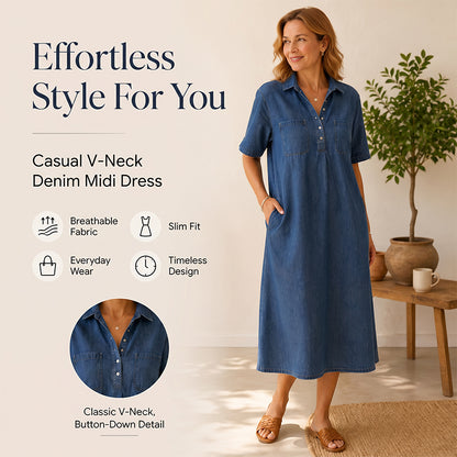 ✨ 50% Off – Casual Pocket Denim Midi Shirt Dress, Classic Button-Down with a Relaxed Fit, Perfect for Everyday Wear