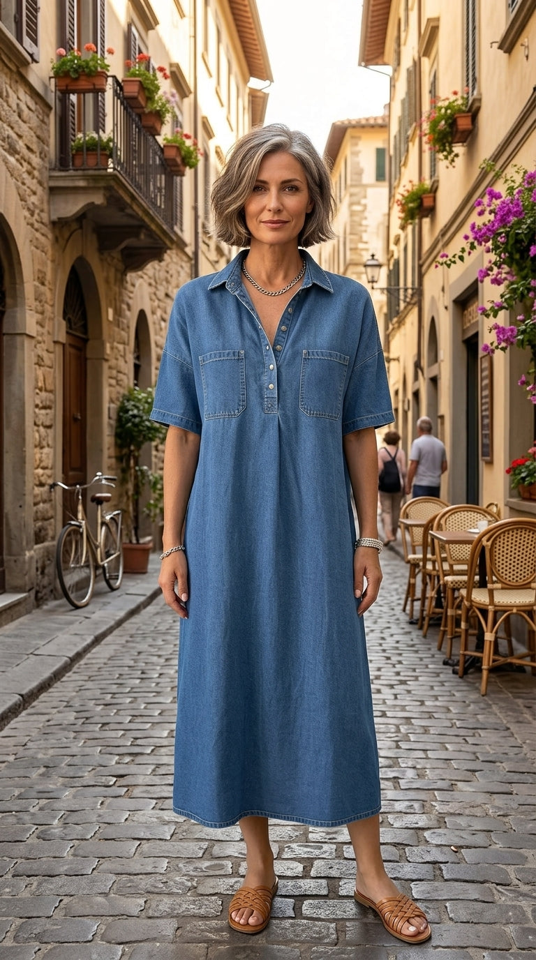 Casual Pocket Denim Midi Shirt Dress
