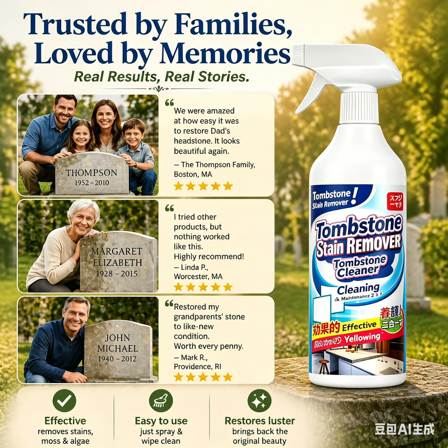 🔥Graveyard Moss Cleaner-Multi-functional stain remover spray-professionally removes moss and dirt from tombstones, stone cleaner