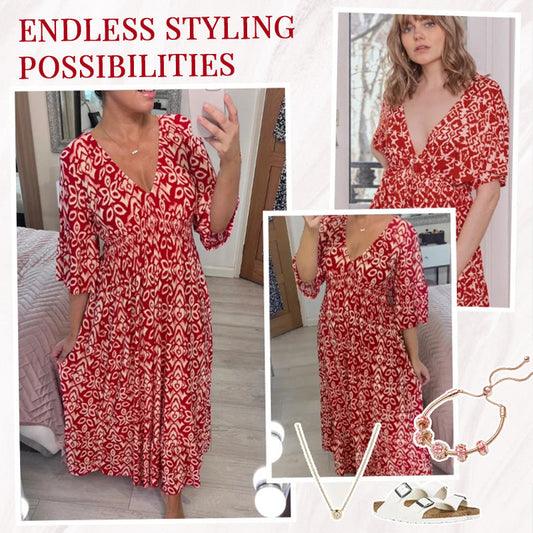 💖LAST DAY SALE 50% OFF💖Bohemian Casual Print V-neck Waist Wrap Long Dress