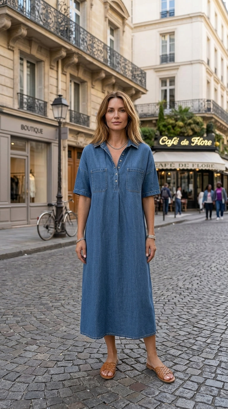 Casual Pocket Denim Midi Shirt Dress