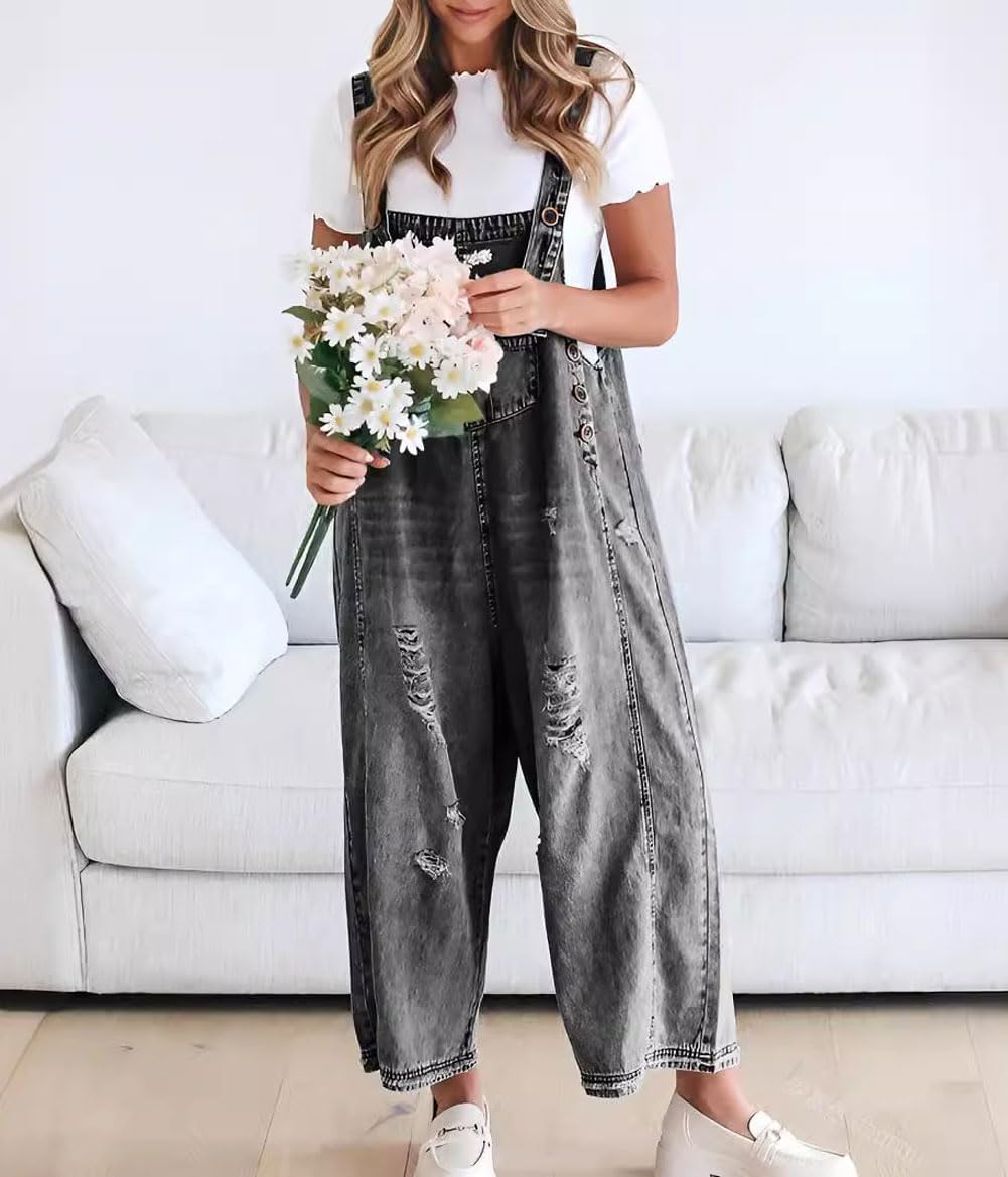 🔥Limited time sale 50% OFF💕Women's Cute Casual Button Jumpsuit Ripped Denim Overalls