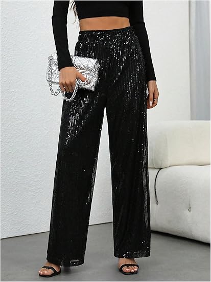 🎄🎁Christmas Sale 50% OFF🥰Women's Sequin Sparkle Wide Leg Pants with Elastic Waistband