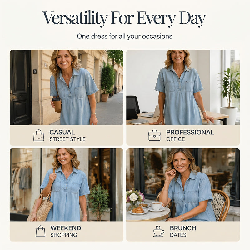 ✨ 50% Off – Casual Pocket Denim Midi Shirt Dress, Classic Button-Down with a Relaxed Fit, Perfect for Everyday Wear