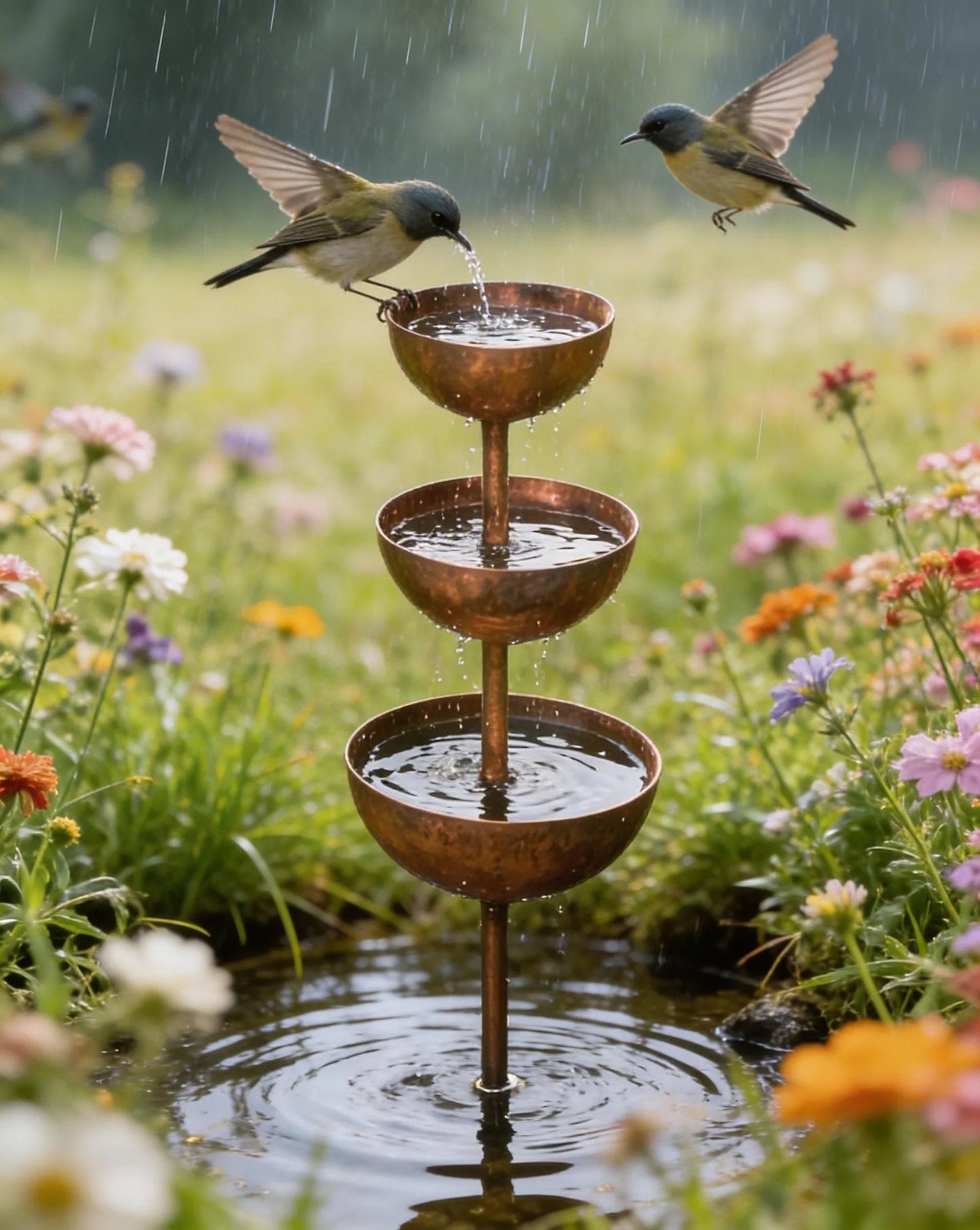 🐦LAST DAY SALE 50% OFF⚡ Rustic Metal Rain Catcher Plant Support Stake, Multi-Purpose Garden Ornament, Bird Bath & Bird Feeder for Yard Flower Bed Decor