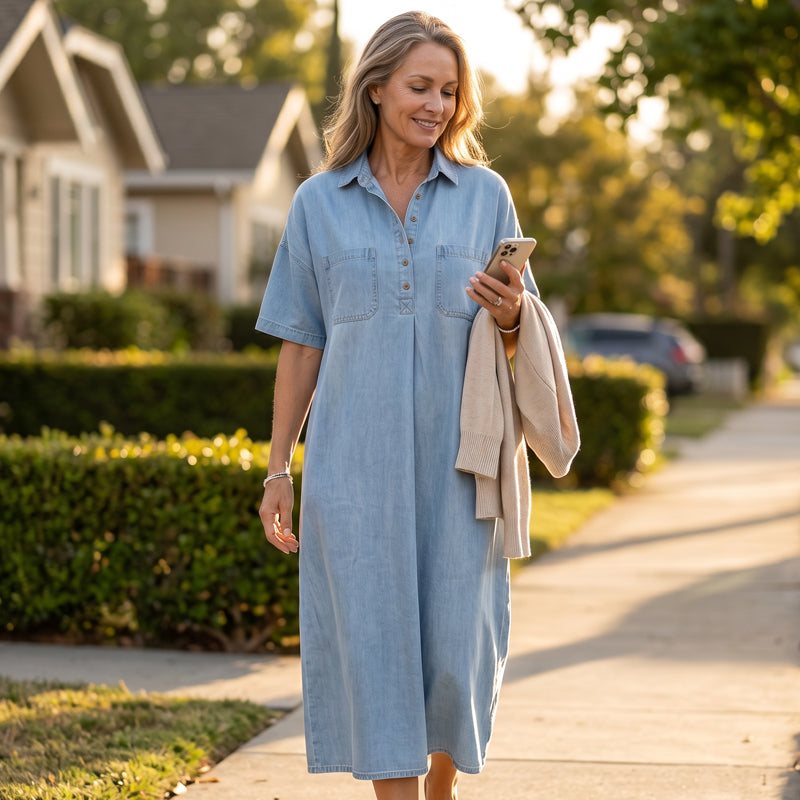 ✨ 50% Off – Casual Pocket Denim Midi Shirt Dress, Classic Button-Down with a Relaxed Fit, Perfect for Everyday Wear