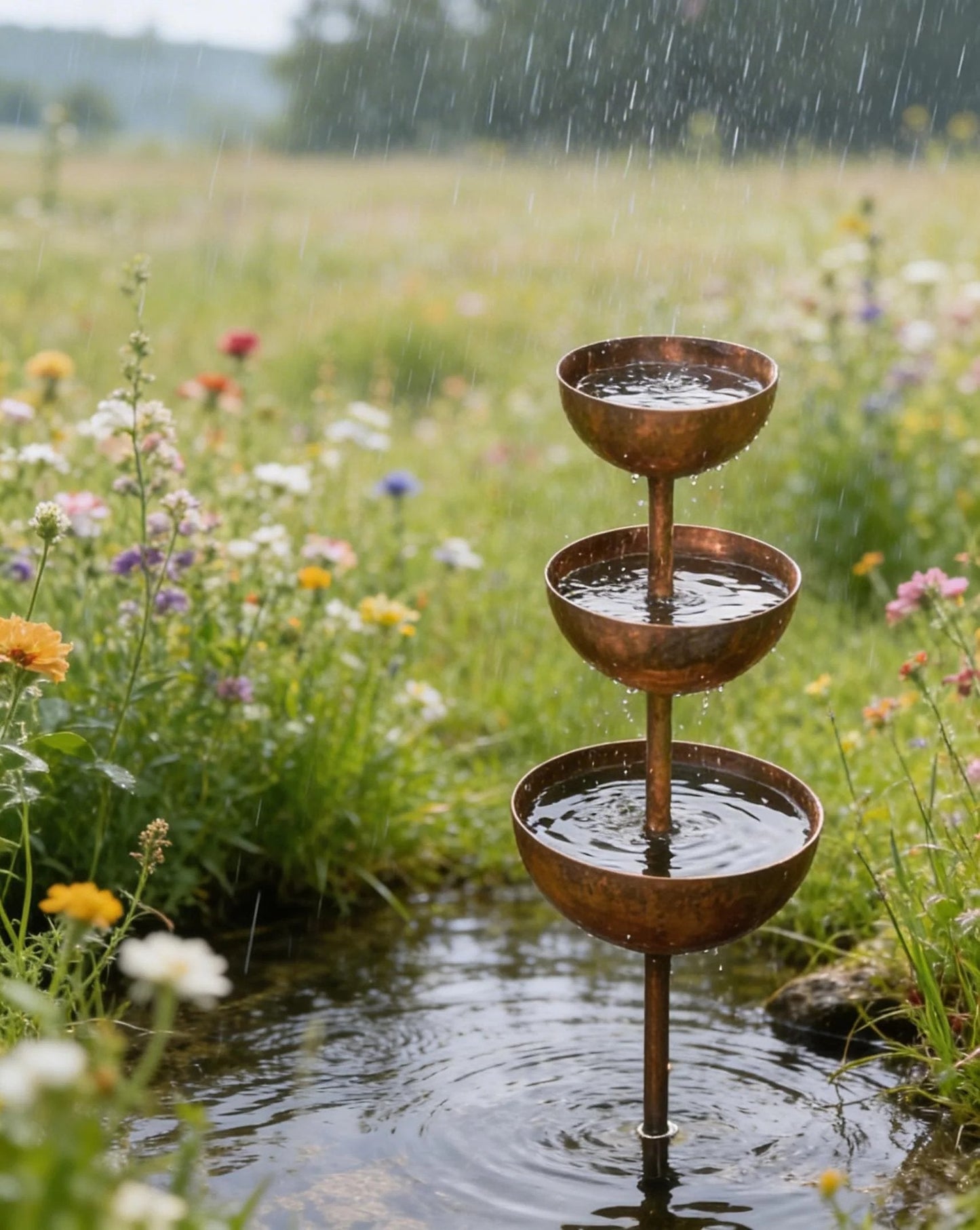 🐦LAST DAY SALE 50% OFF⚡ Rustic Metal Rain Catcher Plant Support Stake, Multi-Purpose Garden Ornament, Bird Bath & Bird Feeder for Yard Flower Bed Decor