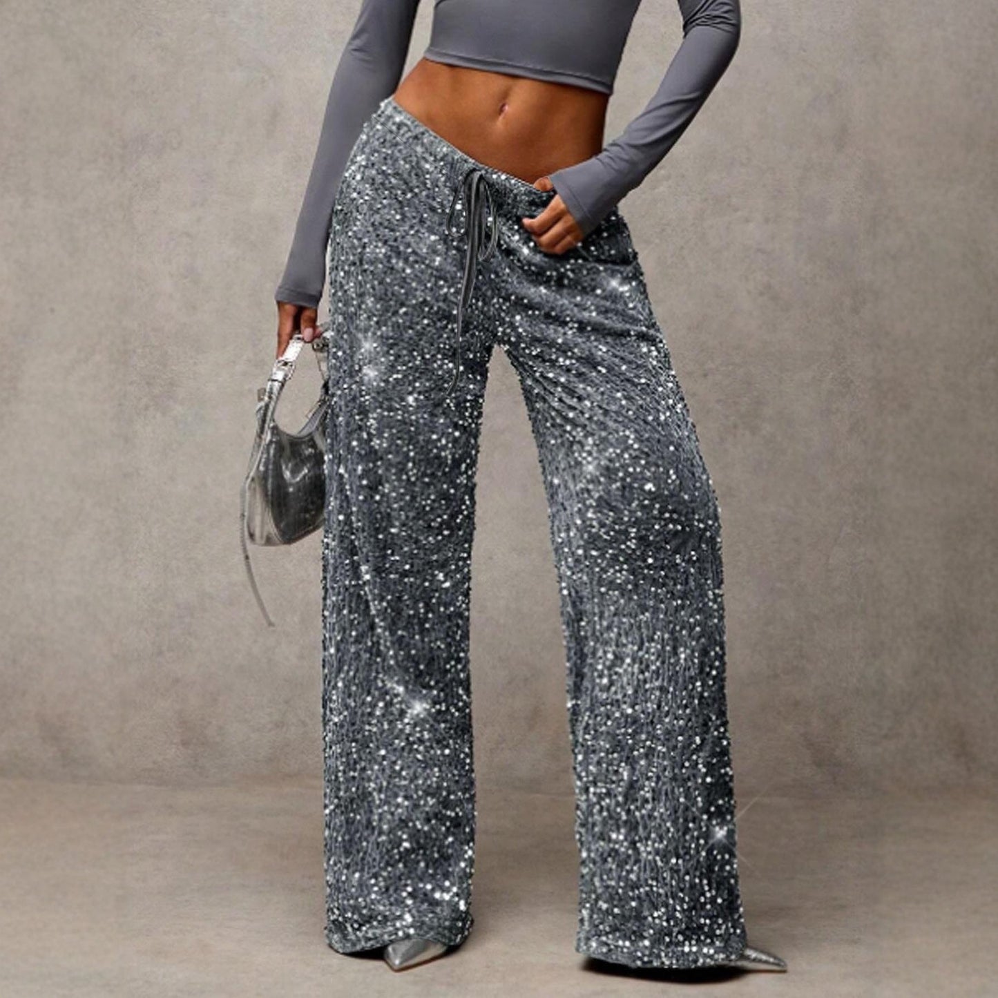 🎄🎁Christmas Sale 50% OFF🥰Women's Sequin Sparkle Wide Leg Pants with Elastic Waistband