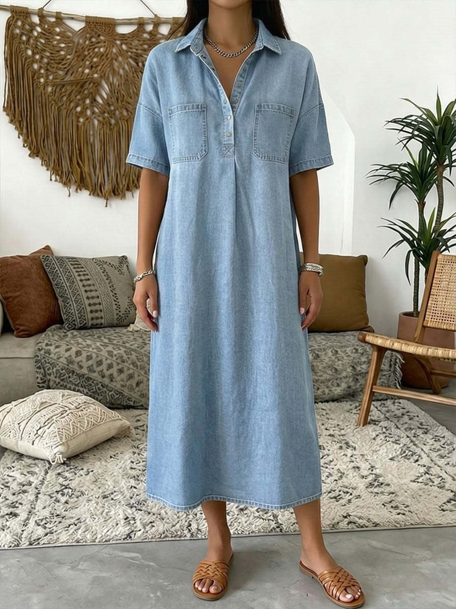 Casual Pocket Denim Midi Shirt Dress