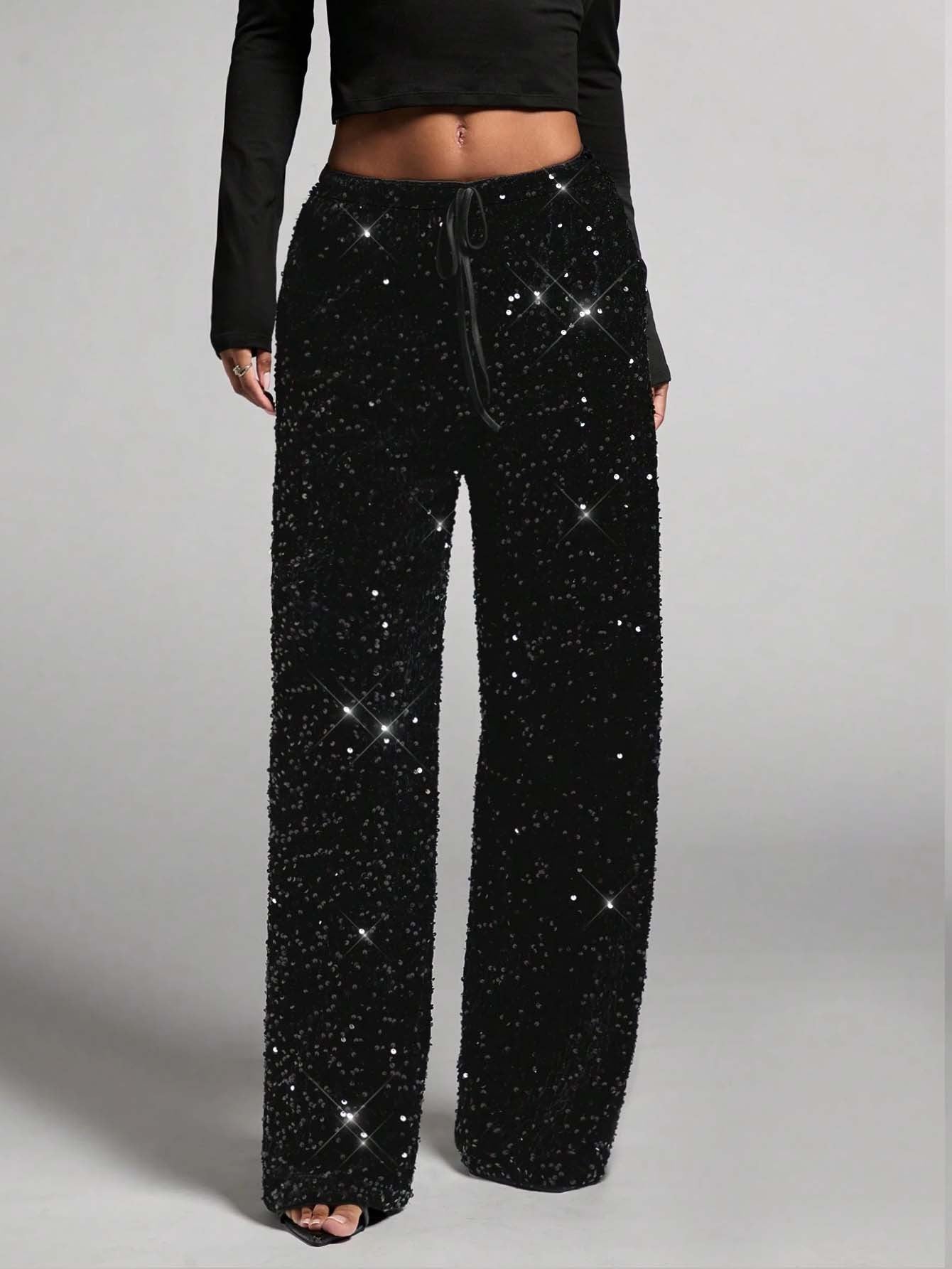 🎄🎁Christmas Sale 50% OFF🥰Women's Sequin Sparkle Wide Leg Pants with Elastic Waistband