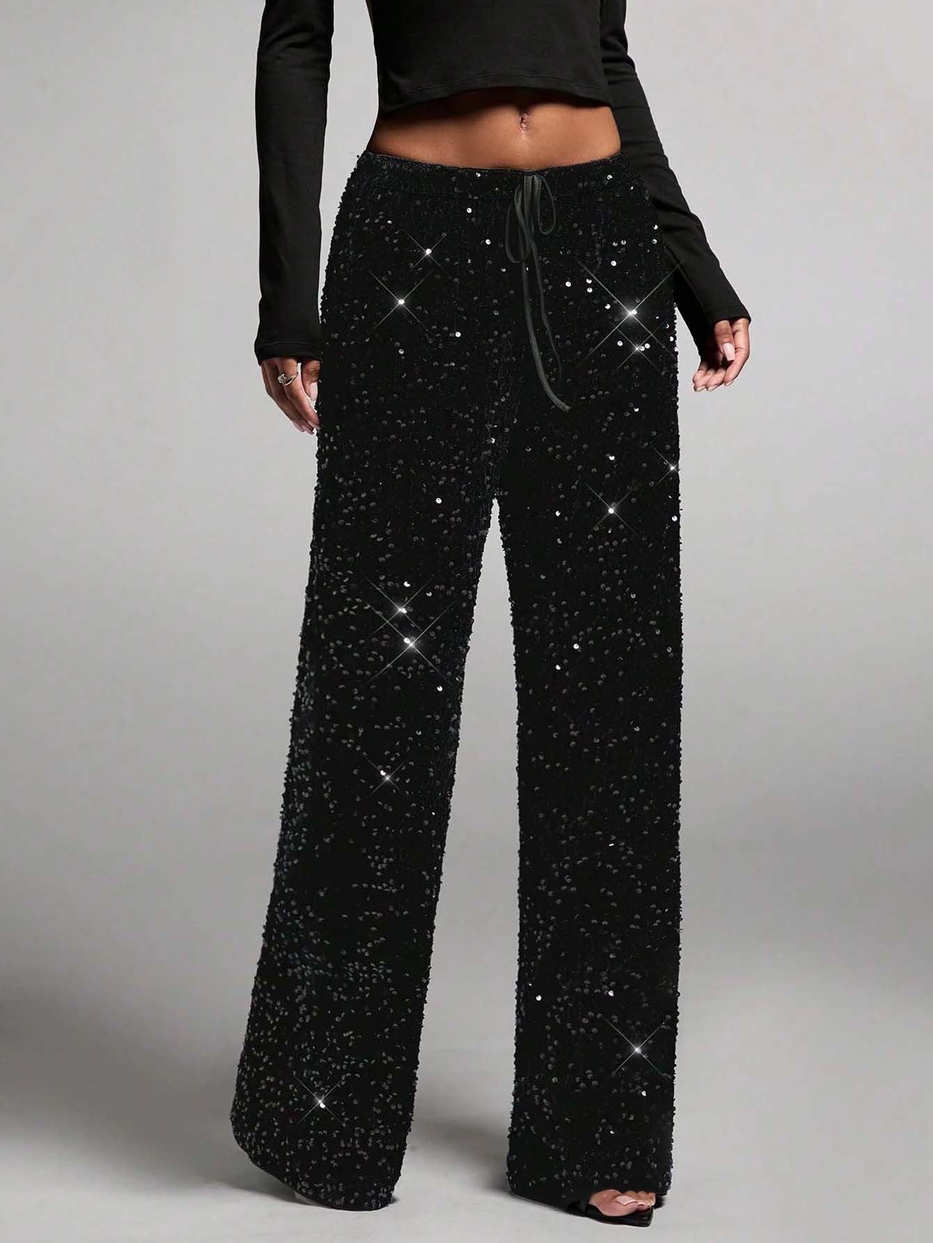 🎄🎁Christmas Sale 50% OFF🥰Women's Sequin Sparkle Wide Leg Pants with Elastic Waistband