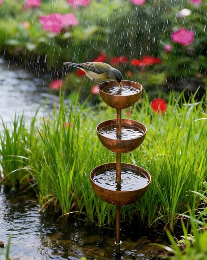 🐦LAST DAY SALE 50% OFF⚡ Rustic Metal Rain Catcher Plant Support Stake, Multi-Purpose Garden Ornament, Bird Bath & Bird Feeder for Yard Flower Bed Decor