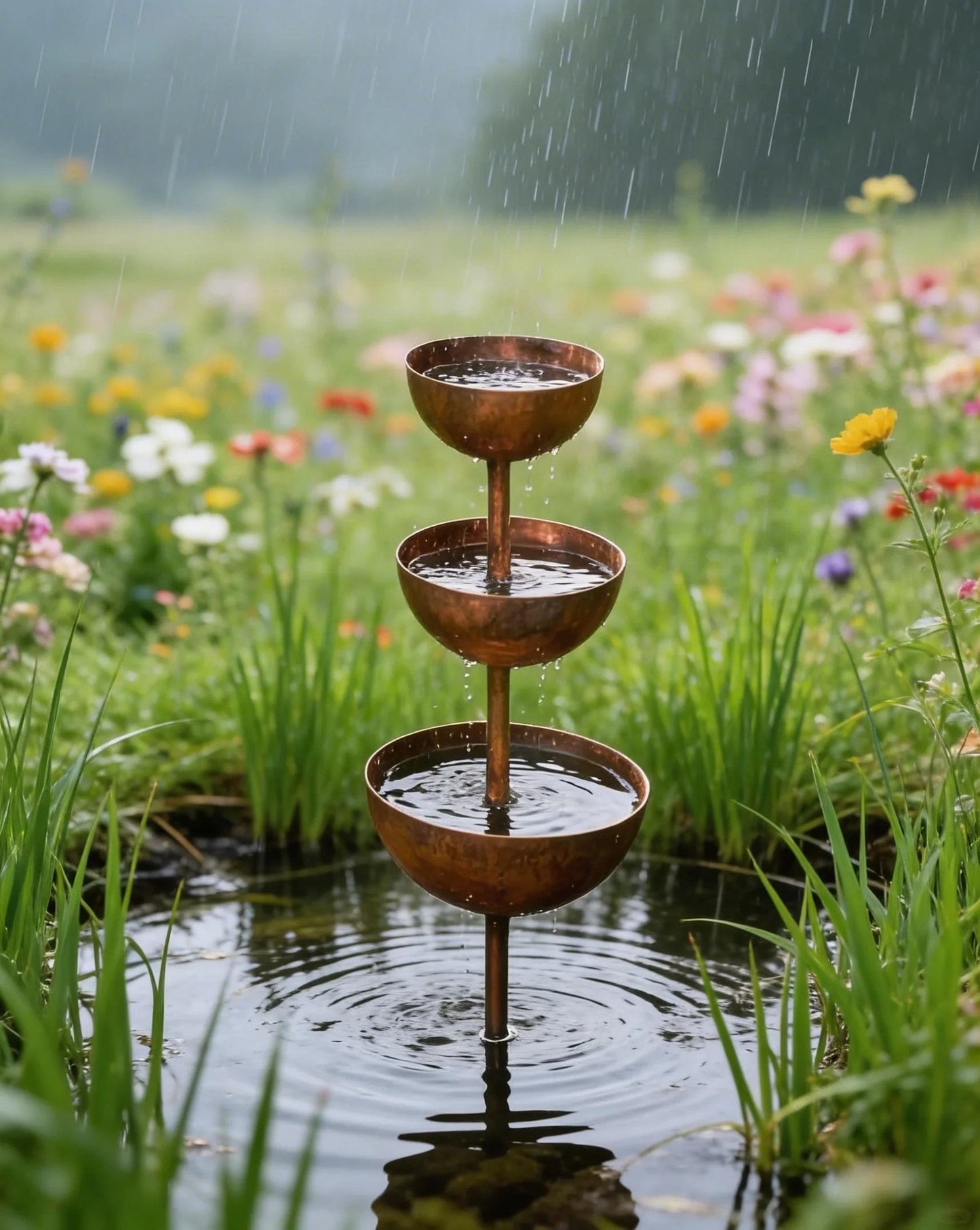 🐦LAST DAY SALE 50% OFF⚡ Rustic Metal Rain Catcher Plant Support Stake, Multi-Purpose Garden Ornament, Bird Bath & Bird Feeder for Yard Flower Bed Decor