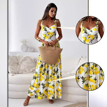 🎉Limited Sale🎉Women’s Elegant Lemon Print Spaghetti Strap Flowy Long Dress
