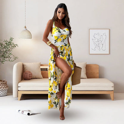 🎉Limited Sale🎉Women’s Elegant Lemon Print Spaghetti Strap Flowy Long Dress