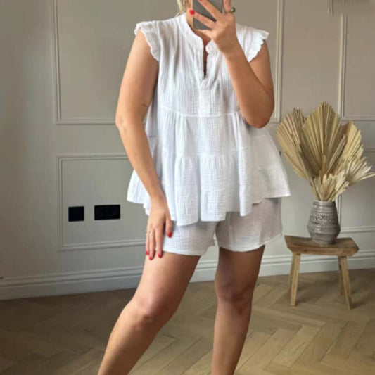 🌸Up to 40% OFF🔥Women's Cheesecloth Ruffle Shorts & Top Set