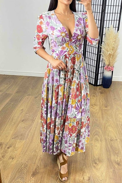 Floral Print Tiered Hem Maxi Dress