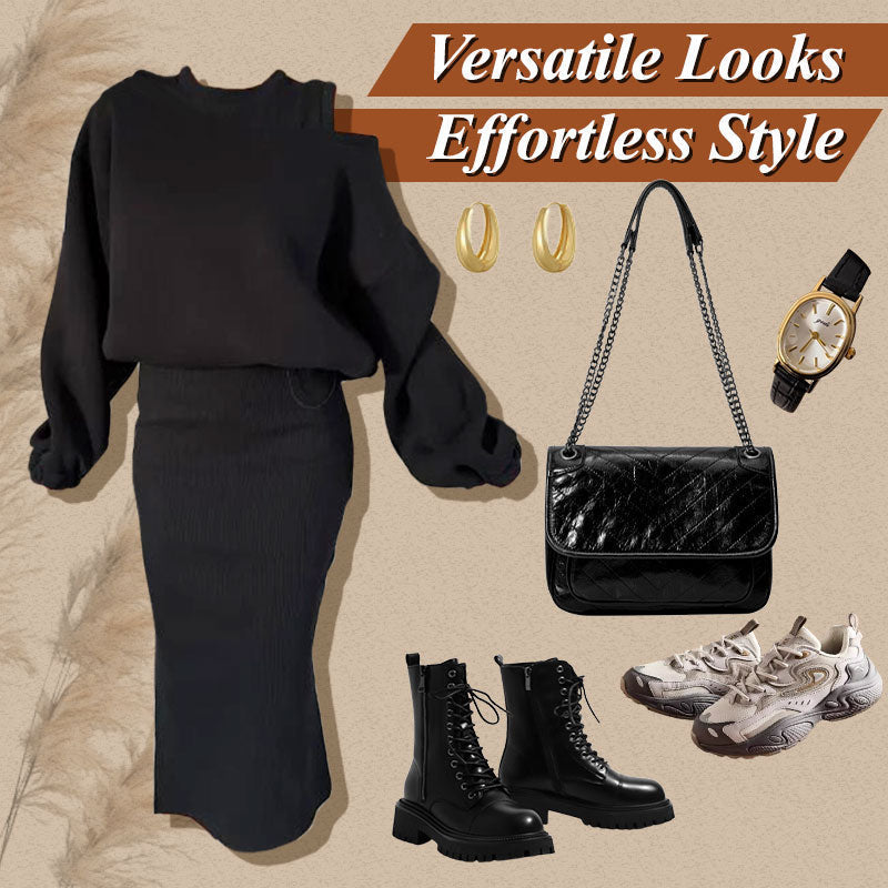 👗Women's Slanted Shoulder Sweatshirt & Sleeveless Dress Set