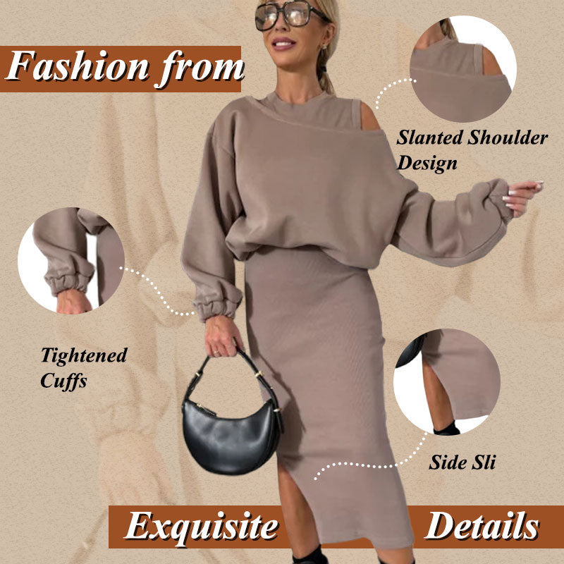 👗Women's Slanted Shoulder Sweatshirt & Sleeveless Dress Set