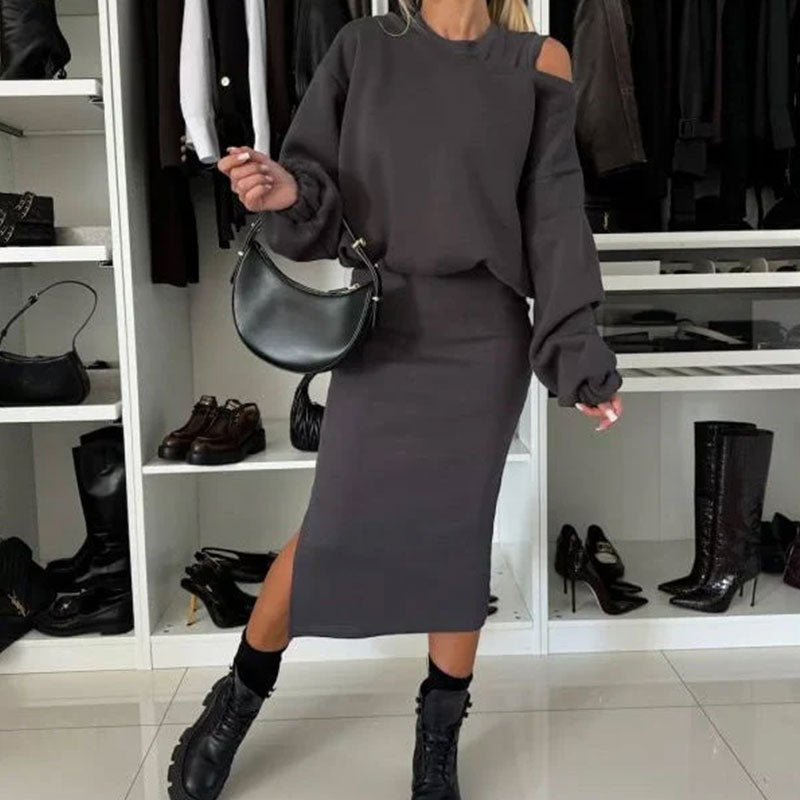 👗Women's Slanted Shoulder Sweatshirt & Sleeveless Dress Set