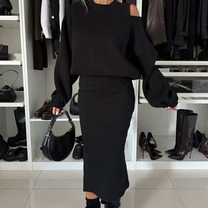 👗Women's Slanted Shoulder Sweatshirt & Sleeveless Dress Set