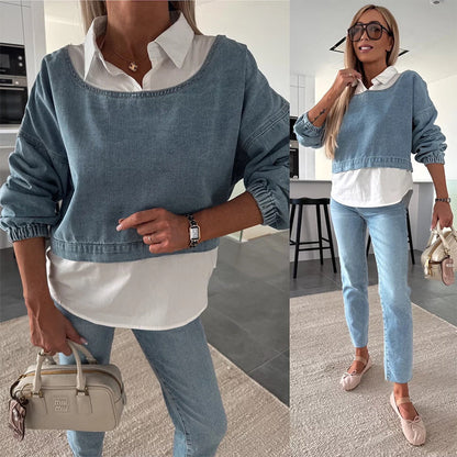 🔥 Women's Denim Two-Piece Set – Long Sleeve Jacket & High Waist Pants, Casual Streetwear Outfit 👖✨