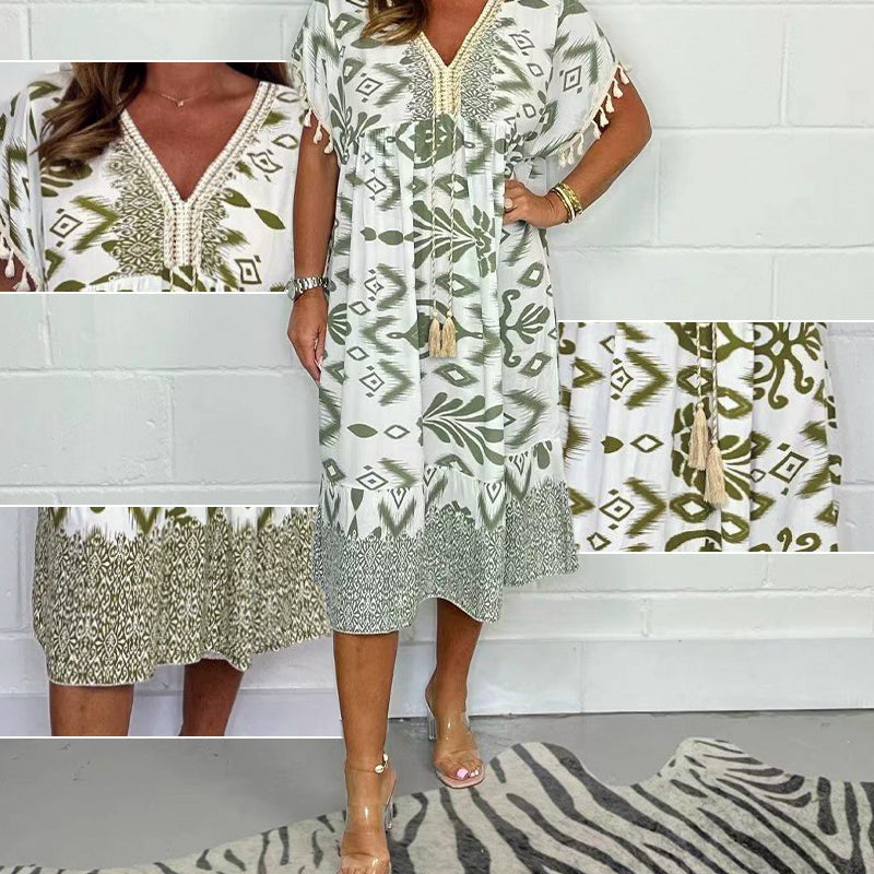 😍⏳Summer Hot Sale 49% Off🌼Printed Casual Dress With V-Neckline and Fringes on the Short Sleeves