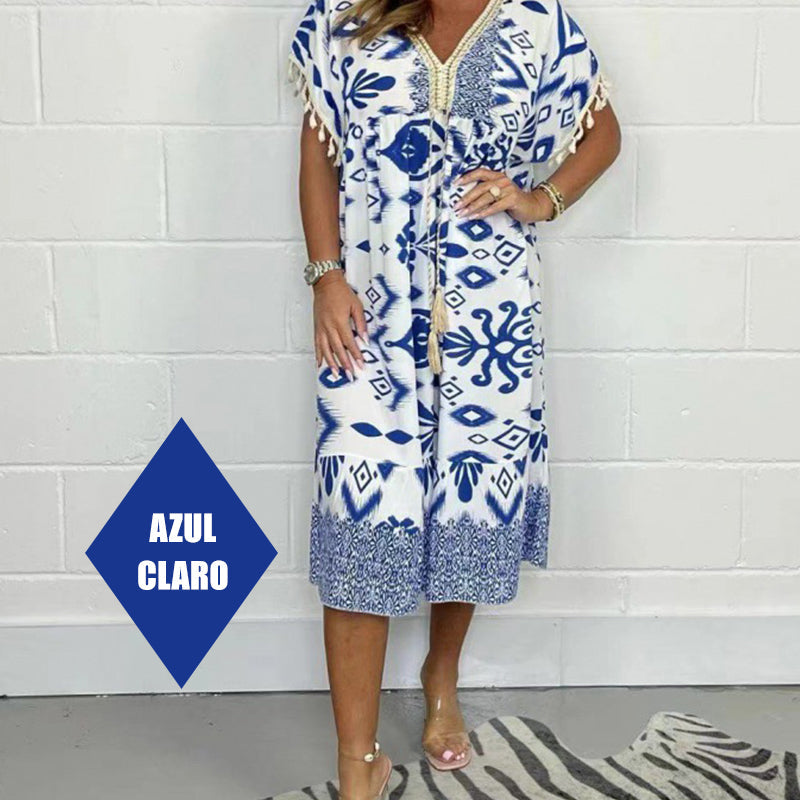 😍⏳Summer Hot Sale 49% Off🌼Printed Casual Dress With V-Neckline and Fringes on the Short Sleeves