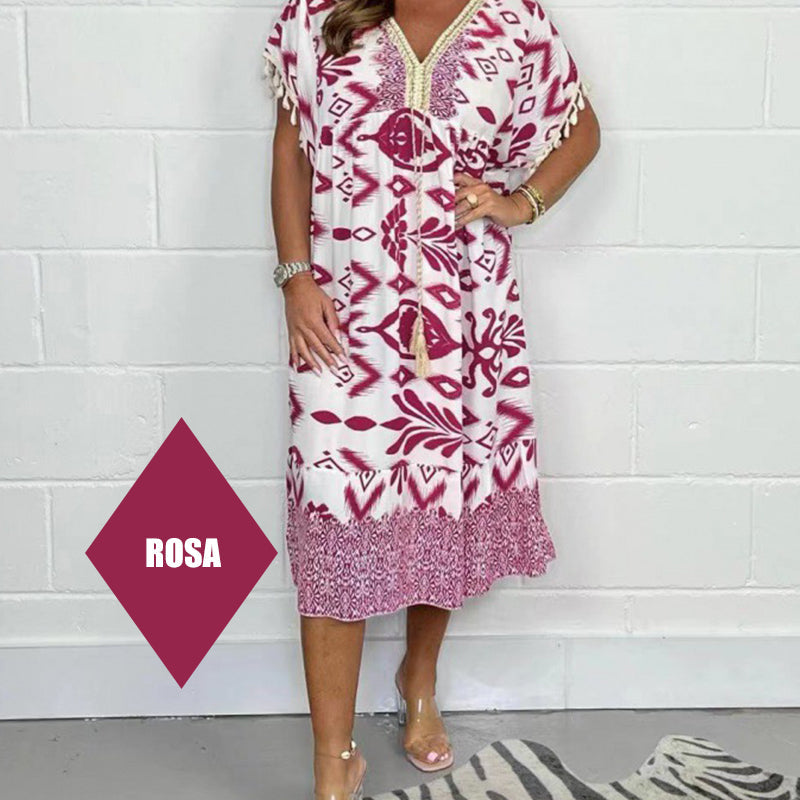 😍⏳Summer Hot Sale 49% Off🌼Printed Casual Dress With V-Neckline and Fringes on the Short Sleeves