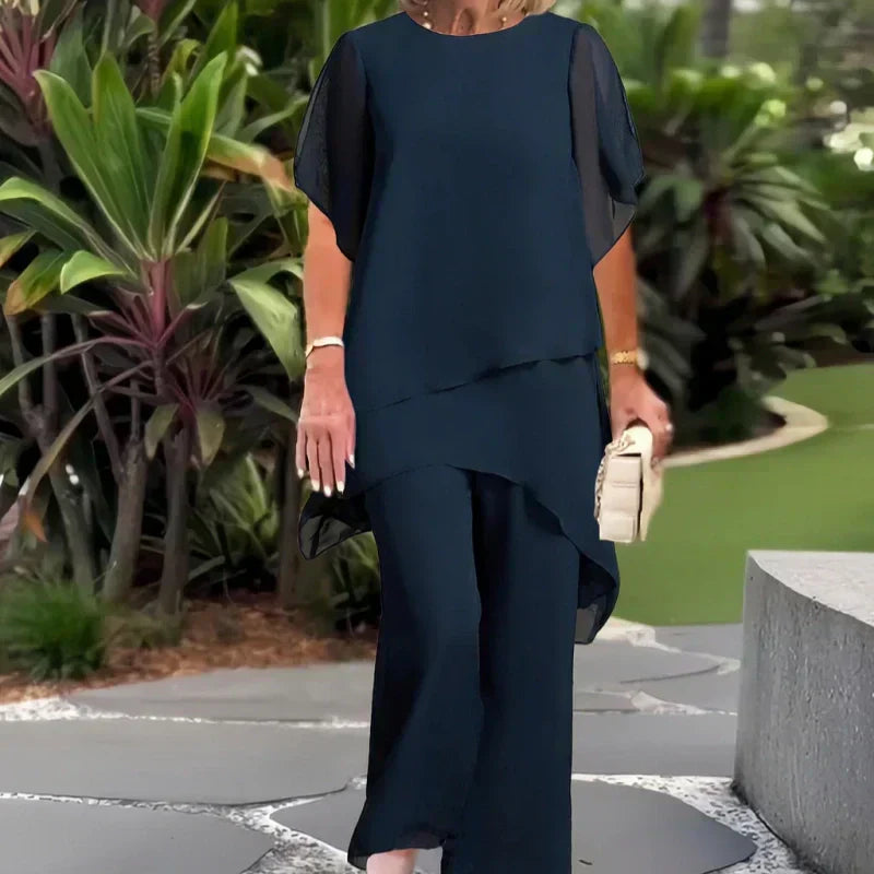 ⏰ONLY $39.99 FOR FULL TWO-PIECE SET! Charming Irregular Top & Elegant Wide Leg Pants Set, Soft Comfort Outfit Ideal for Summer Daily Wear
