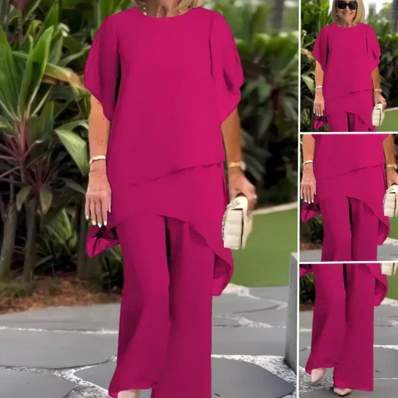 ⏰ONLY $39.99 FOR FULL TWO-PIECE SET! Charming Irregular Top & Elegant Wide Leg Pants Set, Soft Comfort Outfit Ideal for Summer Daily Wear