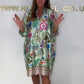 Loose dress with V-neck and half button placket with floral pattern
