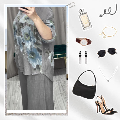 Women's Elegant Floral Print Blouse and Wide Leg Trousers Set
