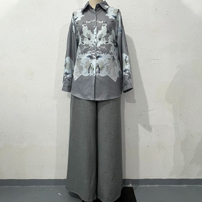 Women's Elegant Floral Print Blouse and Wide Leg Trousers Set