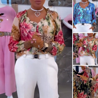 Women's Vintage Floral & Leopard Patchwork Chiffon Blouse