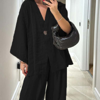 Women's V-Neck Top & Wide-Leg Pants Solid Color 2-Piece Set