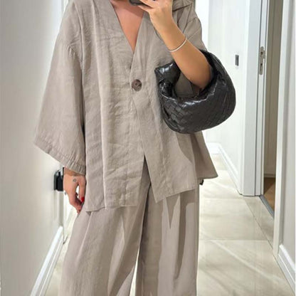 Women's V-Neck Top & Wide-Leg Pants Solid Color 2-Piece Set