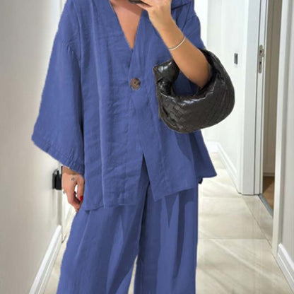 Women's V-Neck Top & Wide-Leg Pants Solid Color 2-Piece Set