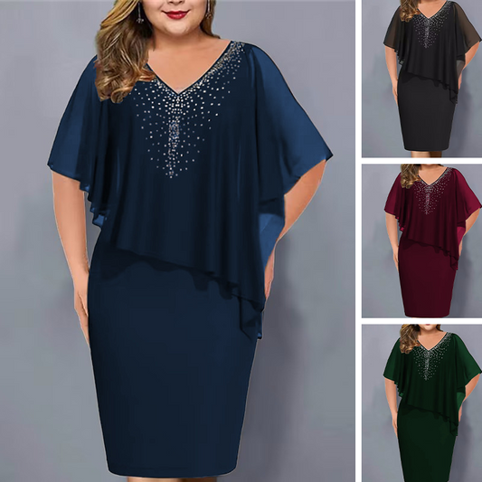 🌸2026 Summer Specials💐Rhinestone V-Neck Cape Dress with Chiffon Overlay