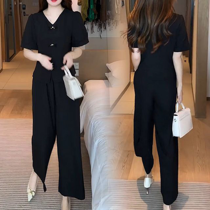 💖V-Neck Short Sleeve Top & Matching Wide-Leg Pants 2-Piece Set for Women👘