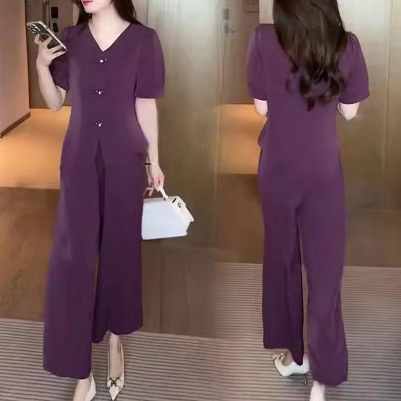 💖V-Neck Short Sleeve Top & Matching Wide-Leg Pants 2-Piece Set for Women👘