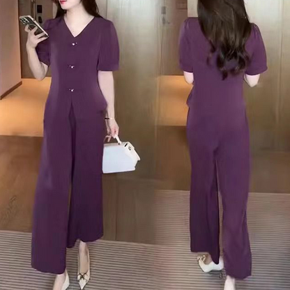💖V-Neck Short Sleeve Top & Matching Wide-Leg Pants 2-Piece Set for Women👘