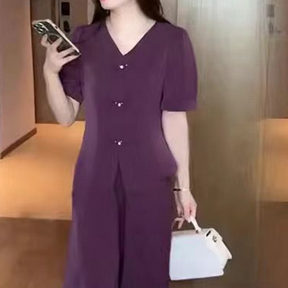 💖V-Neck Short Sleeve Top & Matching Wide-Leg Pants 2-Piece Set for Women👘