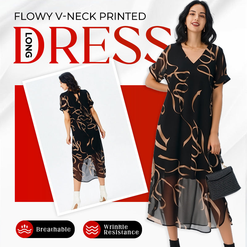 💥Last Day Special Sale 50% OFF💝✨Flowy V-Neck Printed Long Dress