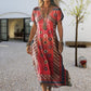 Women's Printed V-Neck Short-Sleeve Long Dress