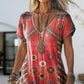 Women's Printed V-Neck Short-Sleeve Long Dress