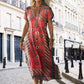 Women's Printed V-Neck Short-Sleeve Long Dress